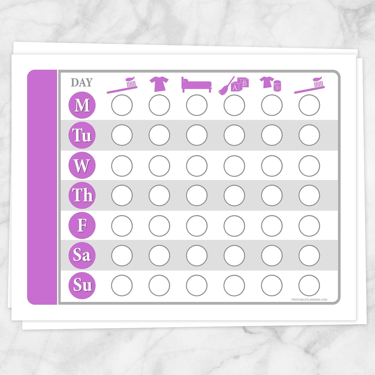 Printable Toddler Chore Chart - Daily Routine Weekly Pages in purple at Printable Planning.