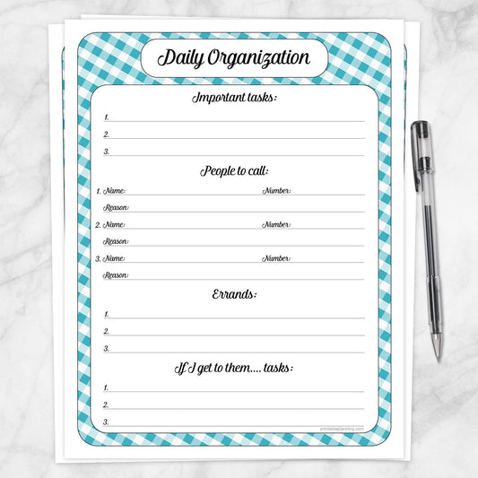 Printable Turquoise Gingham Daily Organization Category Task Sheet at Printable Planning.