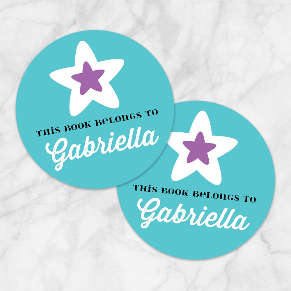 Printable Turquoise Purple Star Personalized Bookplate Stickers at Printable Planning. Example of 2 stickers.