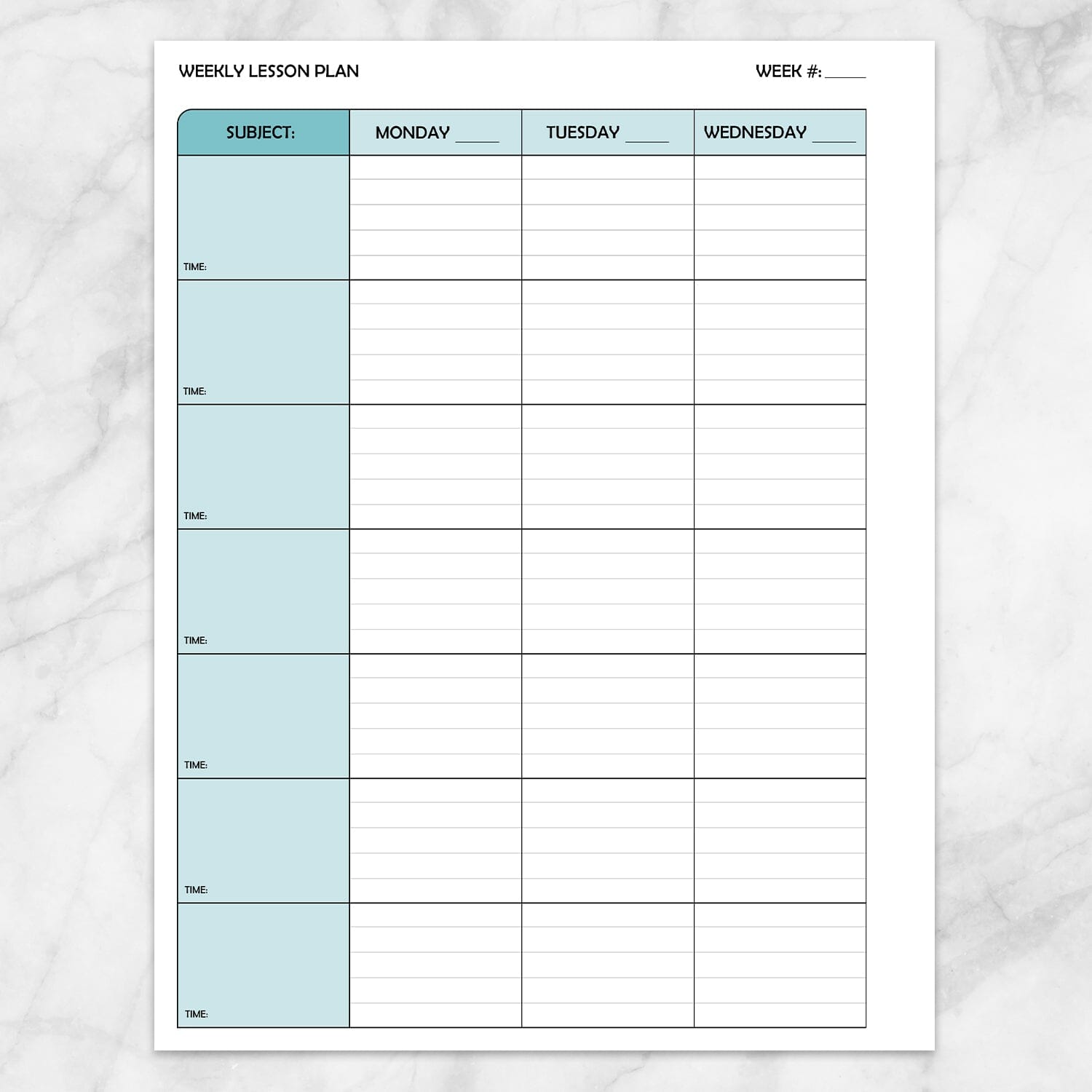 Printable Turquoise Weekly Lesson Plan for Teachers, School Planning Pages (left, back page) at Printable Planning.