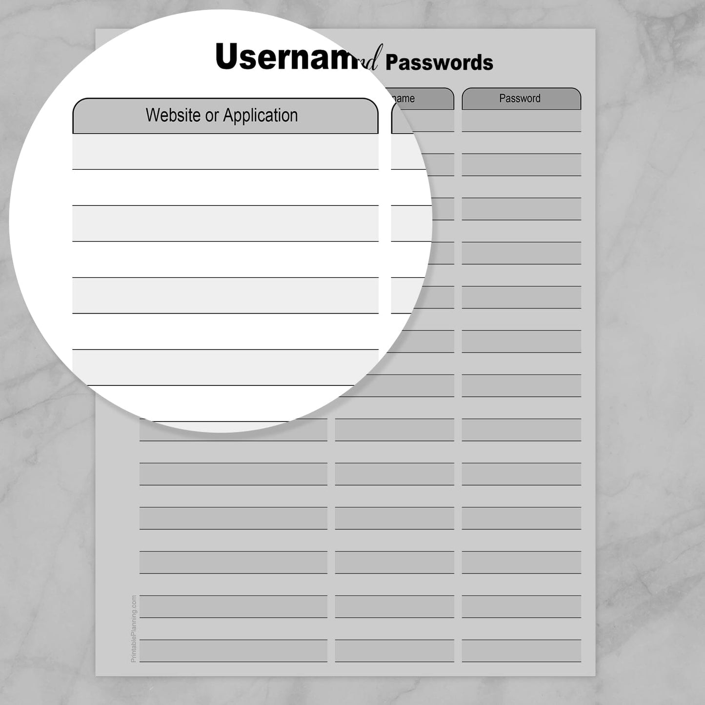 Password management sheet with columns for website/app, username, and password.