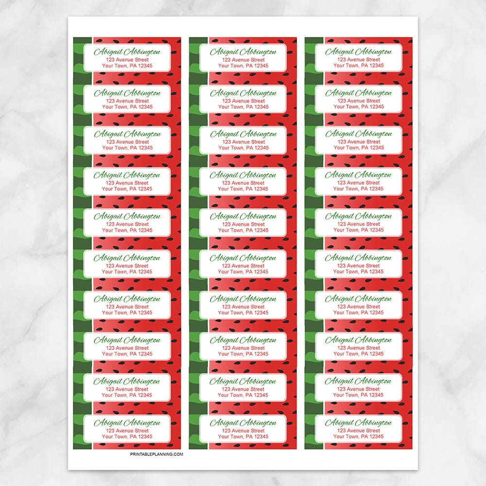 Printable Watermelon design Address Labels at Printable Planning. Sheet of 30 labels.