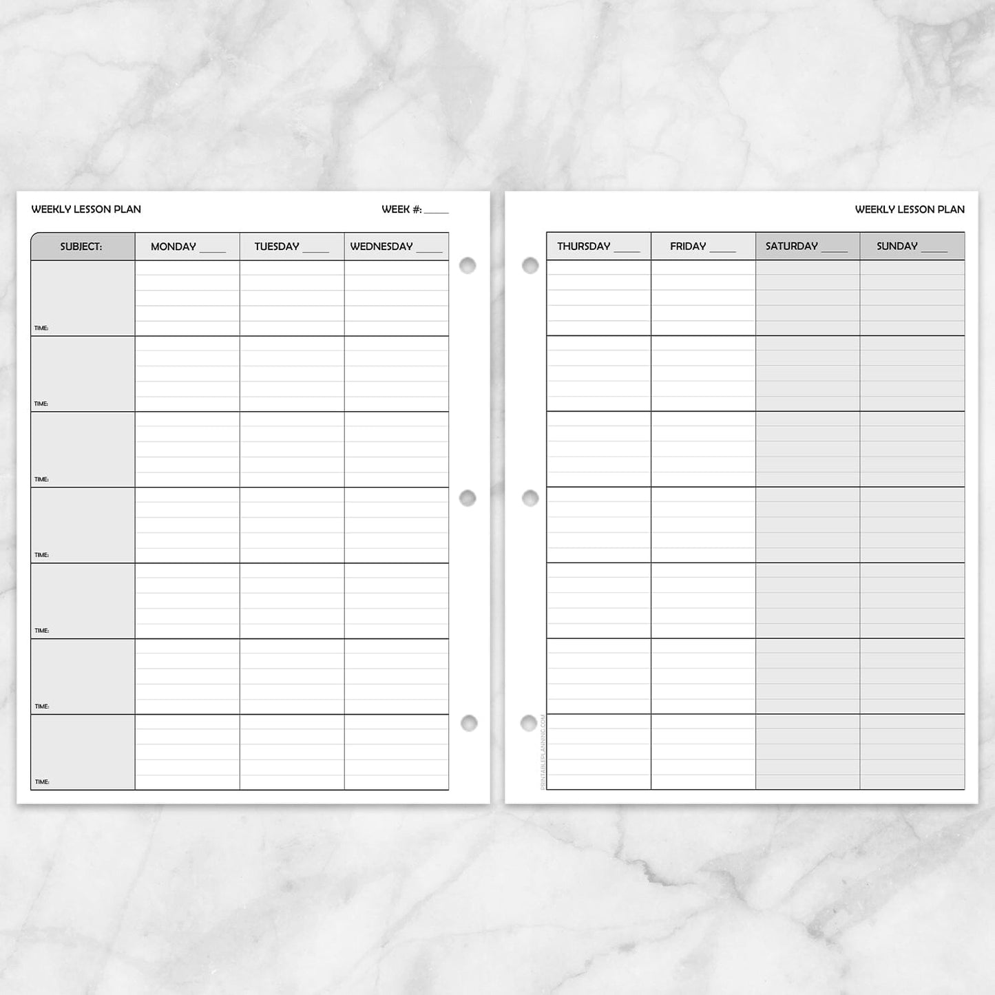 Printable Weekly Lesson Plan for Teachers - School Planning Pages (front and back, facing pages) at Printable Planning.