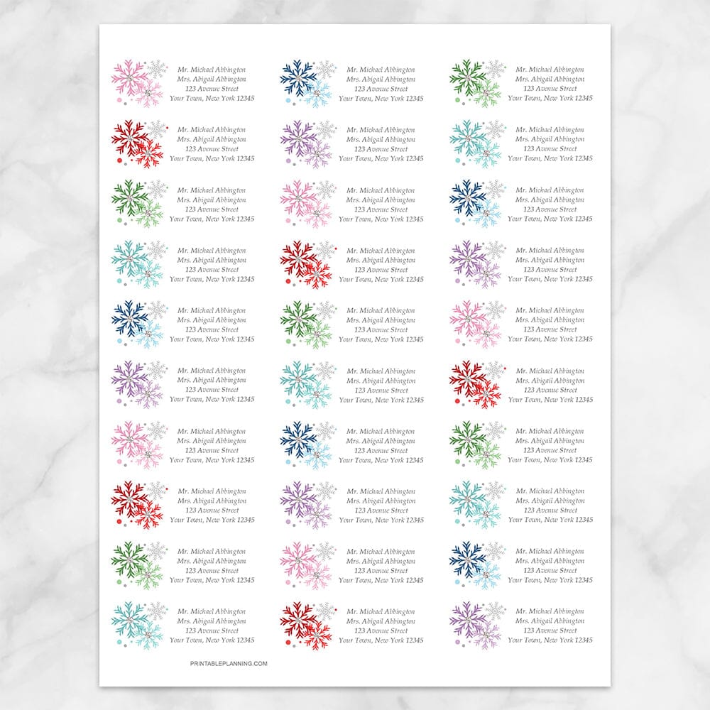 Printable Winter Colorful Snowflake Address Labels at Printable Planning. Sheet of 30 labels.