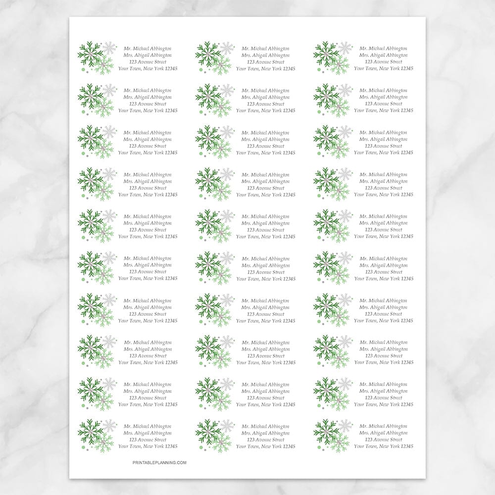 Printable Winter Green Gray Snowflake Address Labels at Printable Planning. Sheet of 30 labels.