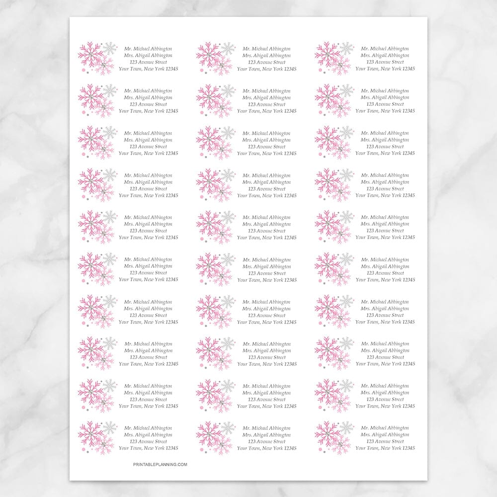 Printable Winter Pink Gray Snowflake Address Labels at Printable Planning. Sheet of 30 labels.