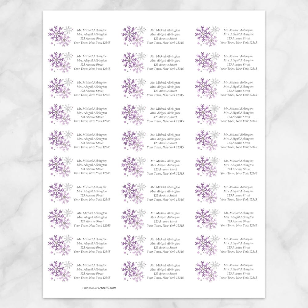 Printable Winter Purple Gray Snowflake Address Labels at Printable Planning. Sheet of 30 labels.