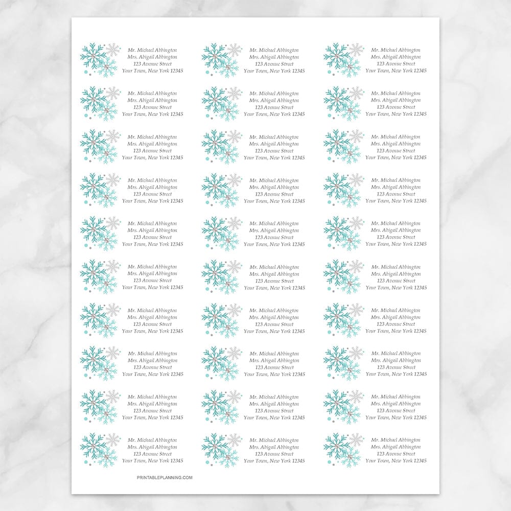 Printable Winter Turquoise Gray Snowflake Address Labels at Printable Planning. Sheet of 30 labels.