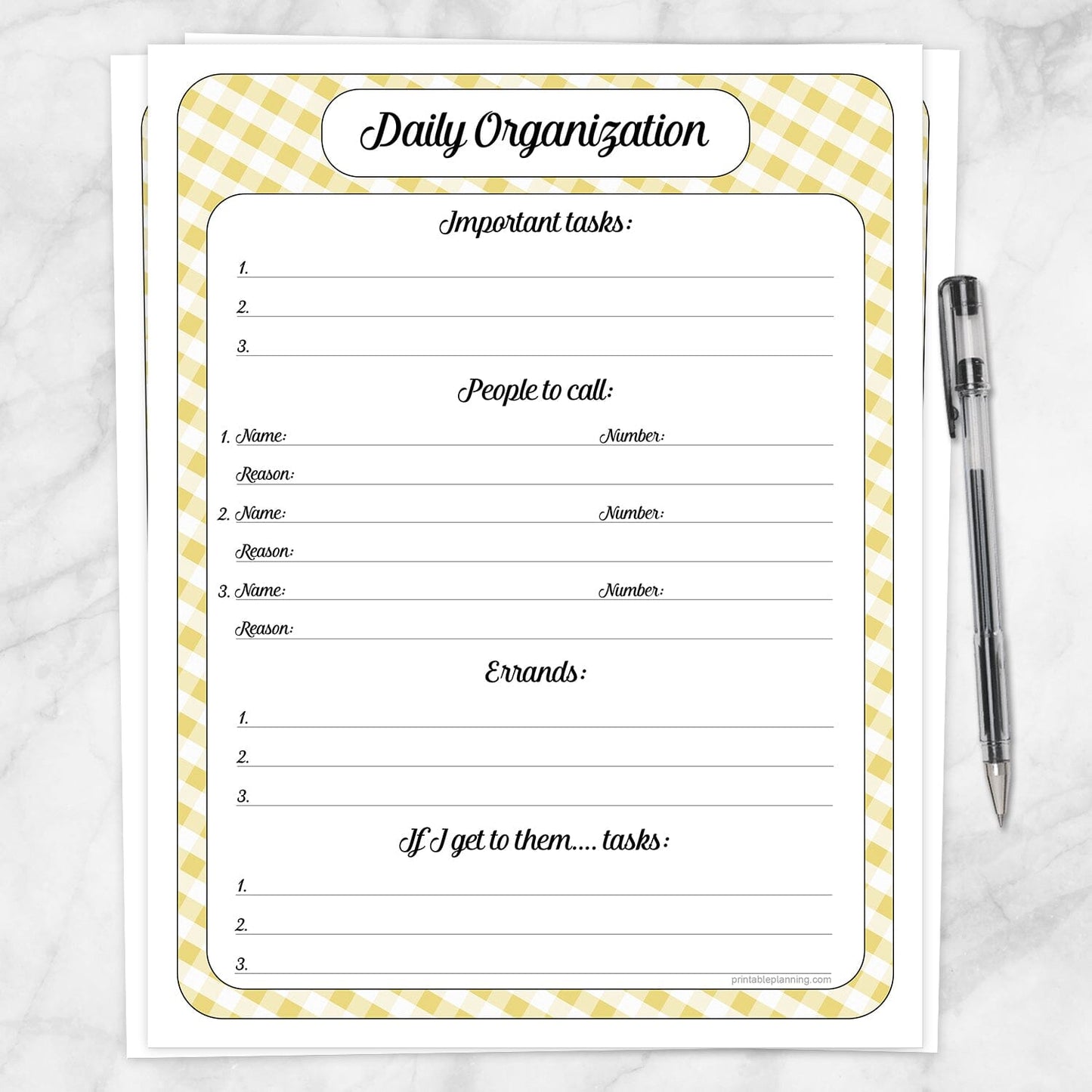Printable Yellow Gingham Daily Organization Category Task Sheet at Printable Planning.