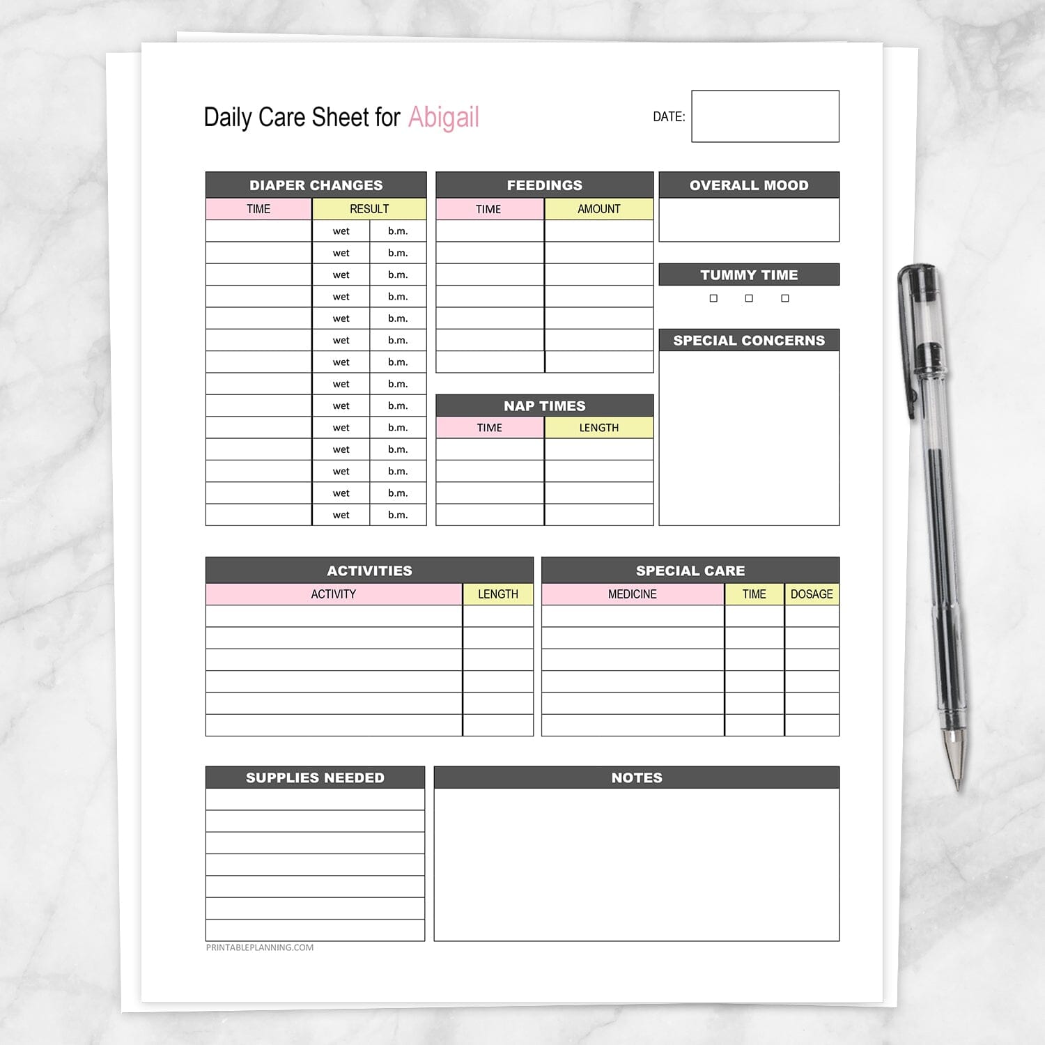 Printable Personalized Baby Log, Daily Infant Care Sheet, Pink Yellow at Printable Planning