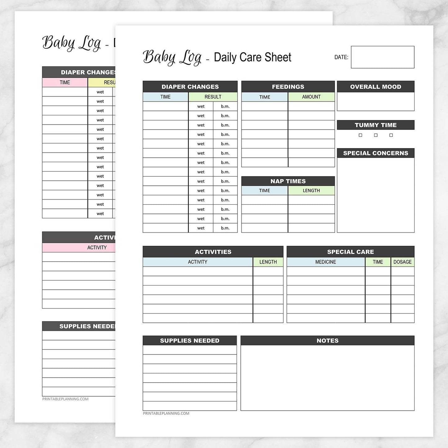Printable Baby Log - Daily Infant Care Sheet - 2 page BUNDLE at Printable Planning