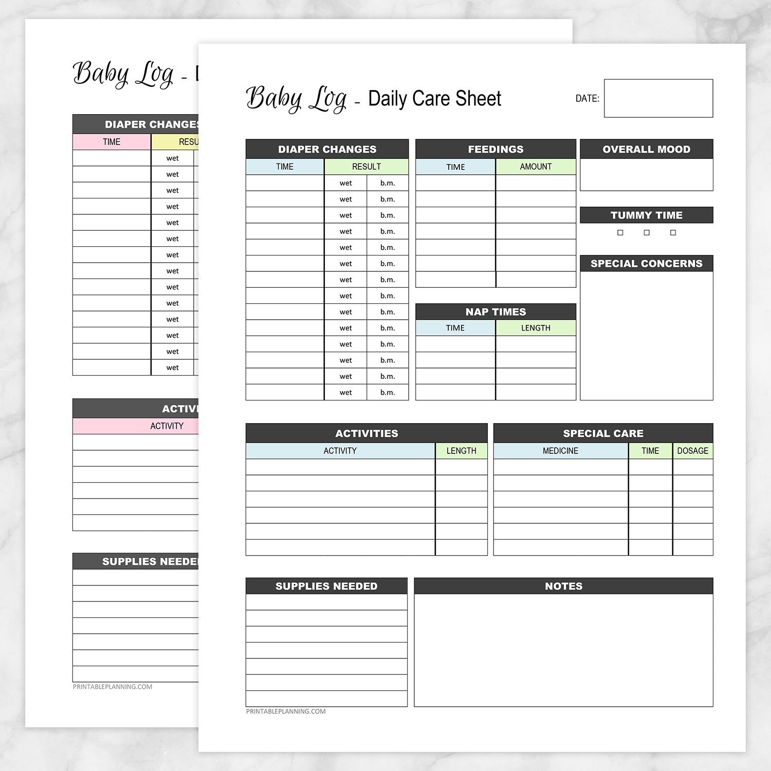 Printable Baby Log - Daily Infant Care Sheet - 2 page BUNDLE at Printable Planning