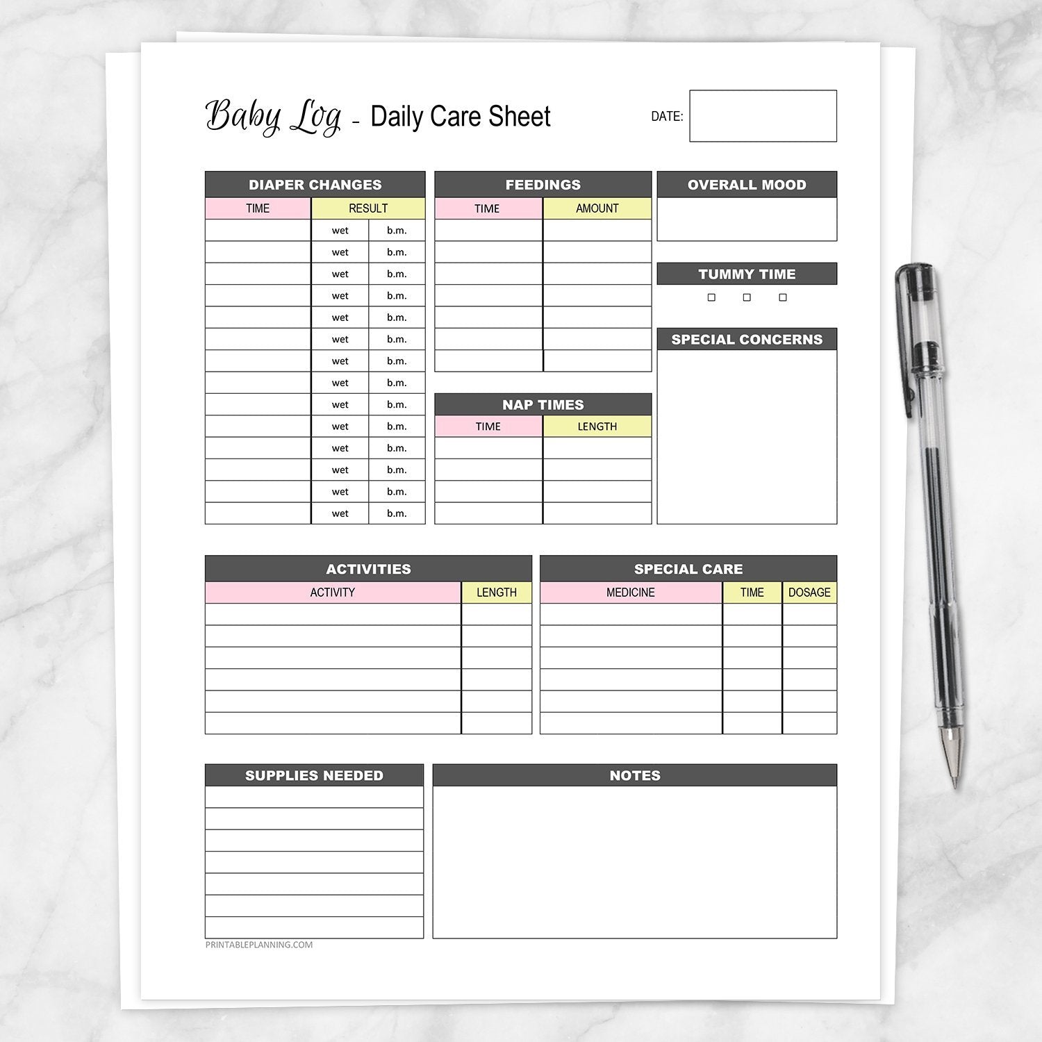 summer infant sheet Baby Log - Daily Infant Care Sheet - Pink and Yellow