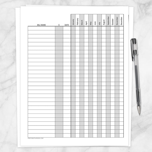 Printable Bill Payment Tracker Log with Amount Column - Full Year, at Printable Planning