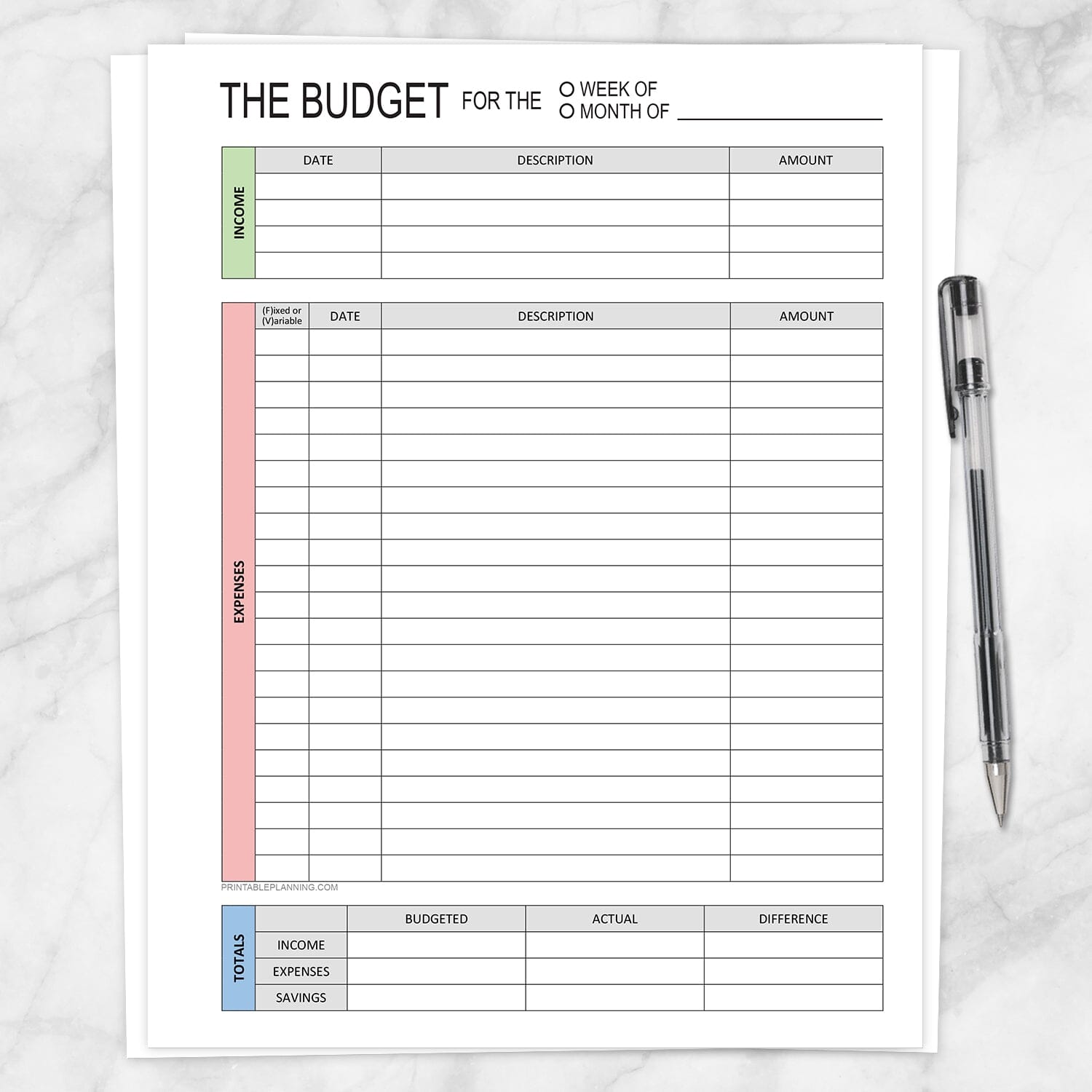 Budget Worksheet - Weekly or Monthly, Green Red Blue - Printable
