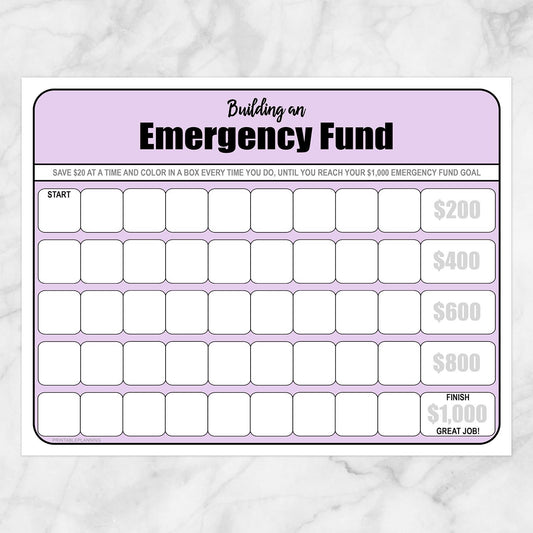 Printable Building an Emergency Fund Worksheet in Purple (by $20 increments) at Printable Planning.