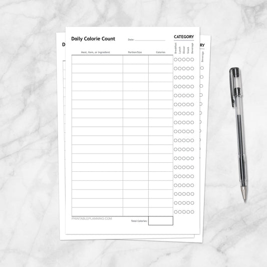 Printable Daily Calorie Count Sheet, Half Page, at Printable Planning