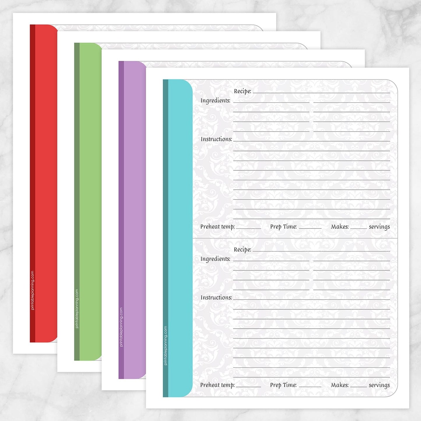 Printable Damask Recipe Pages BUNDLE - 4 pack at Printable Planning