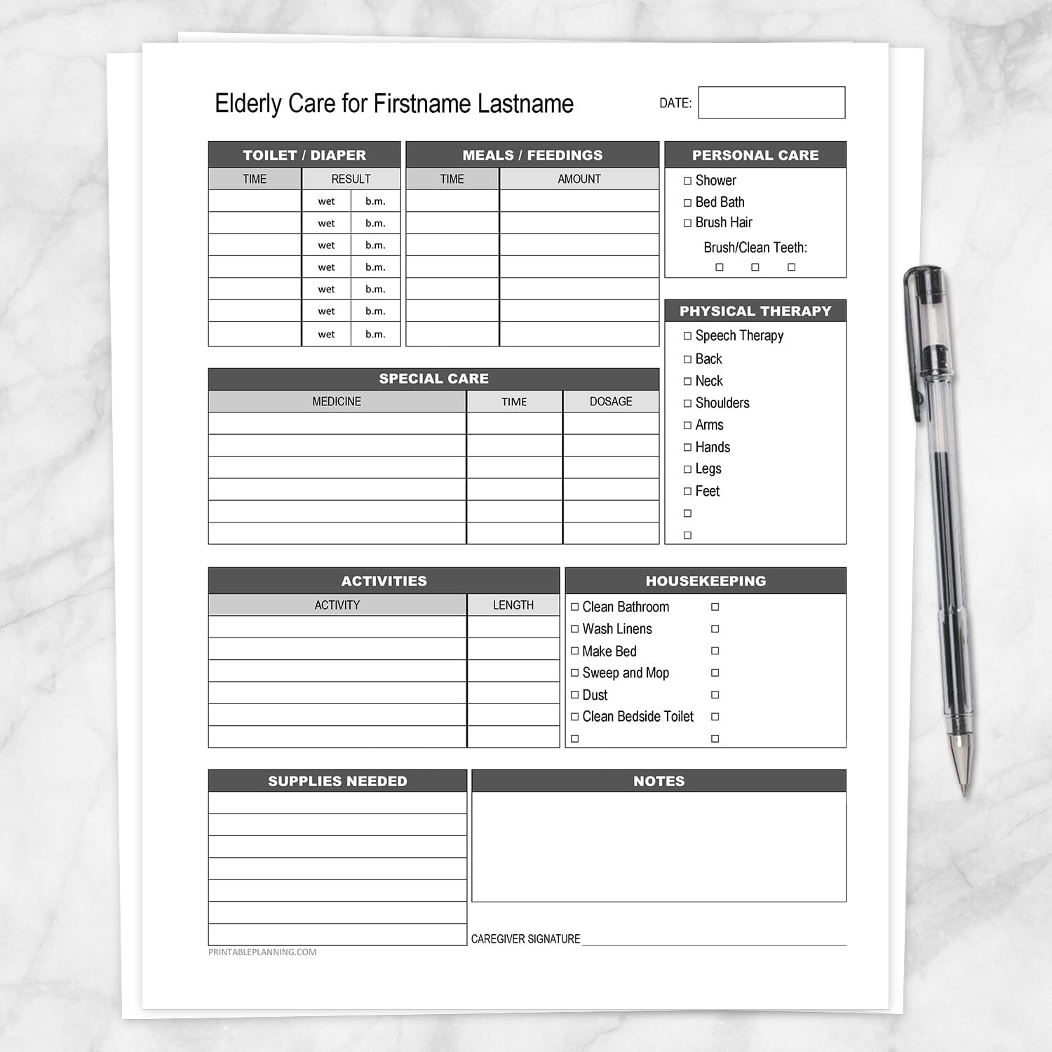 Printable Elderly Care, Daily Care Sheet with Housekeeping at Printable Planning. For keeping track of the daily care of an elderly person who needs additional care, with housekeeping needs, too. This caregiver's tracking sheet allows you to log a lot of information while caring for an elderly person daily. This also tracks toilet use or changes, meals or feedings, personal care, and physical therapy. Logs activities, special care, and special concerns. Also sections for supplies and notes.