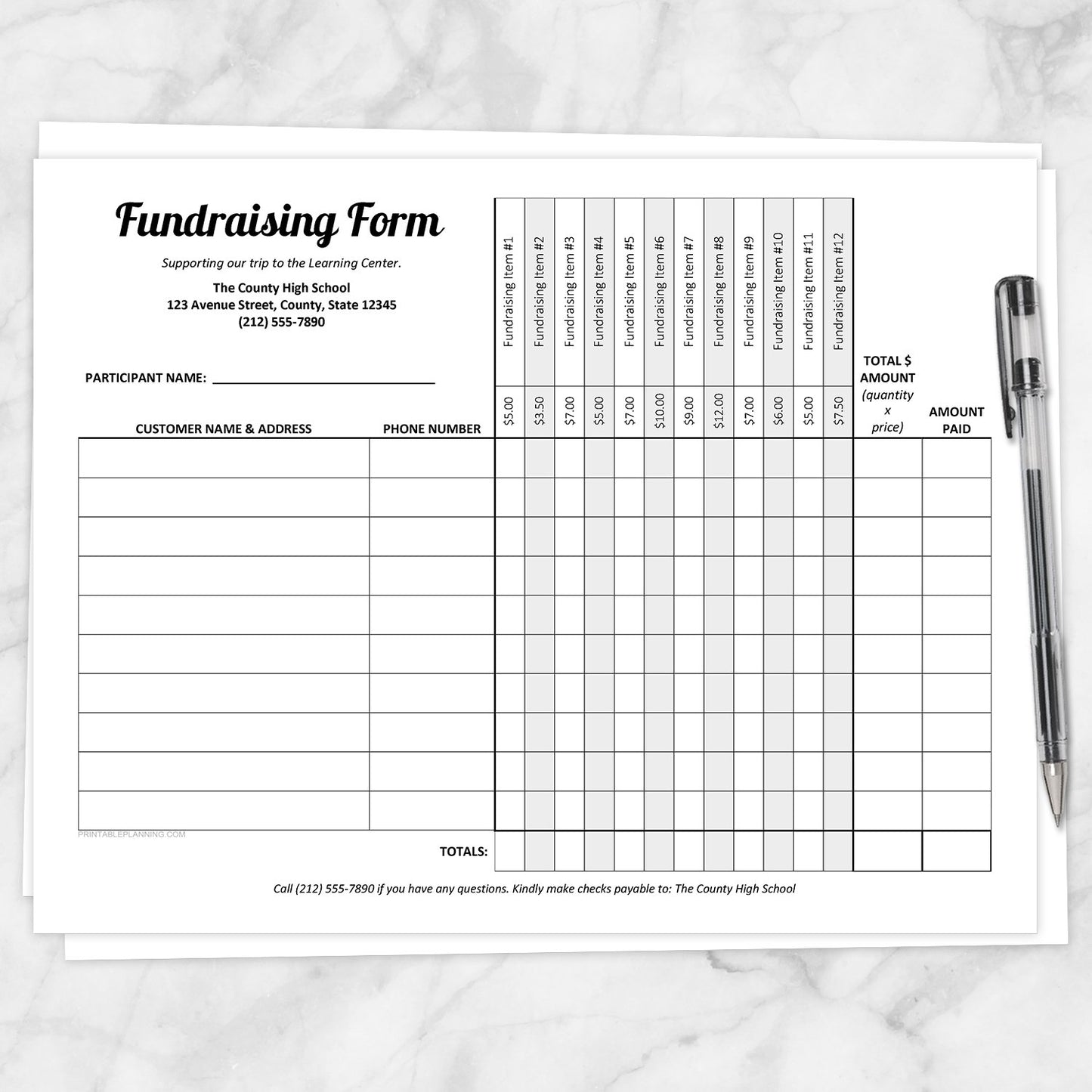 Printable Fundraising Form, 12 Item Columns at Printable Planning