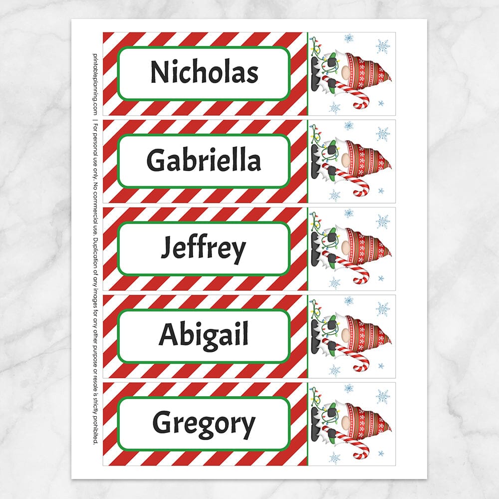 Printable Personalized Holiday Candy Cane Gnome Bookmarks (5 per page) at Printable Planning.
