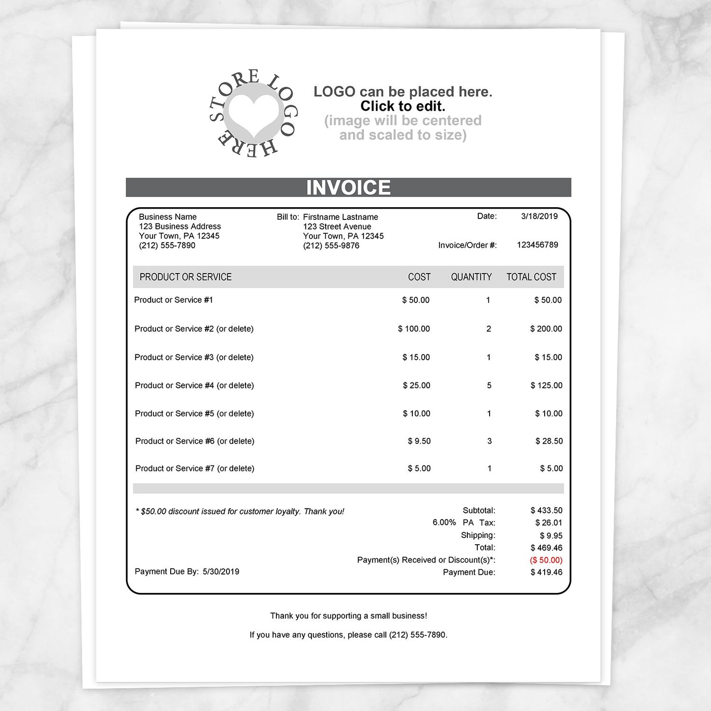 Invoice with Logo and Auto-Calculating Totals - Printable, at Printable Planning