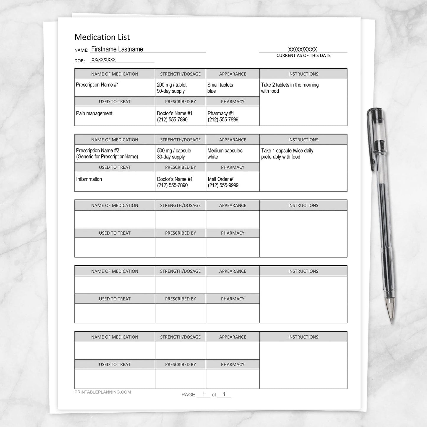 Printable Medication List (Organize Prescription Medicines) at Printable Planning