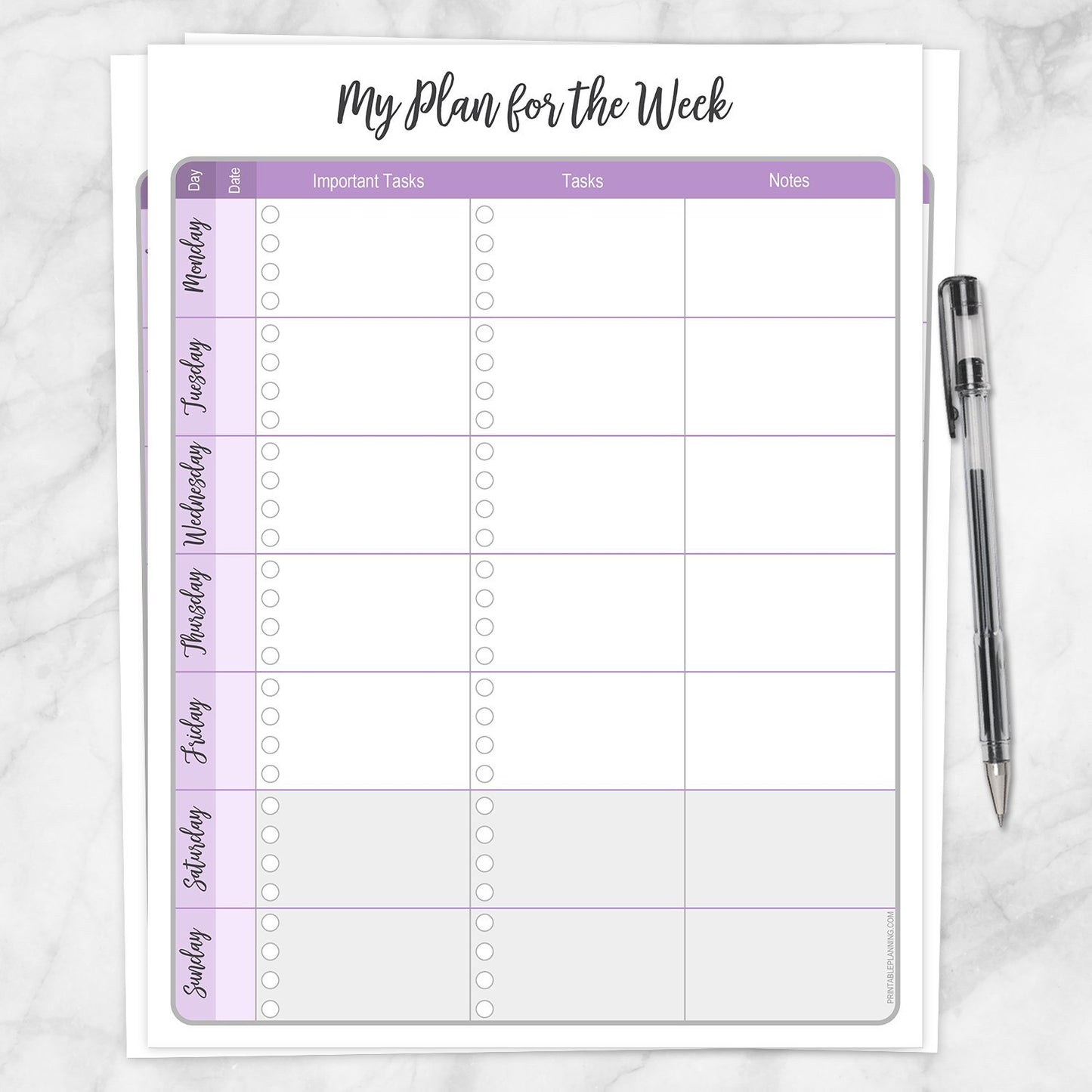Printable My Plan for the Week, Purple Weekly Planner Page at Printable Planning