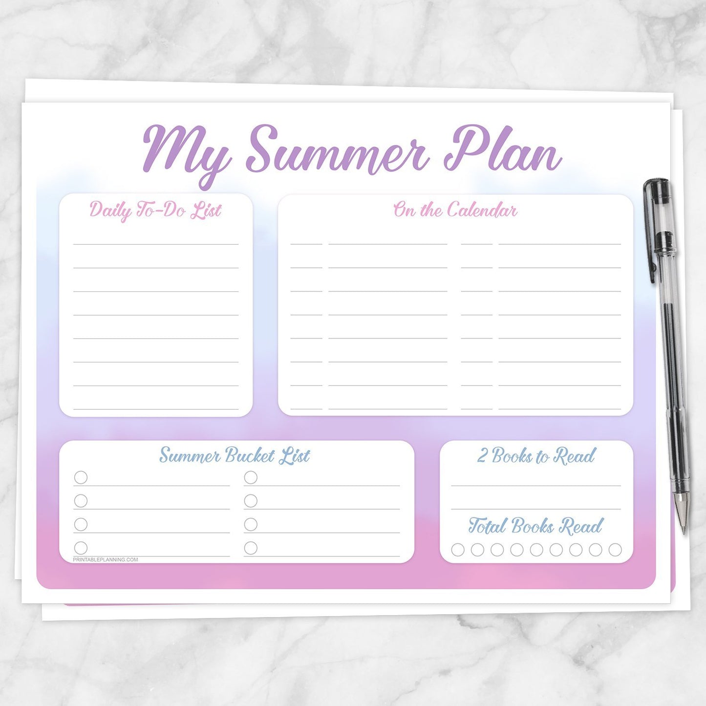Printable My Summer Plan, Watercolor Planner Page in Pink Purple Blue at Printable Planning