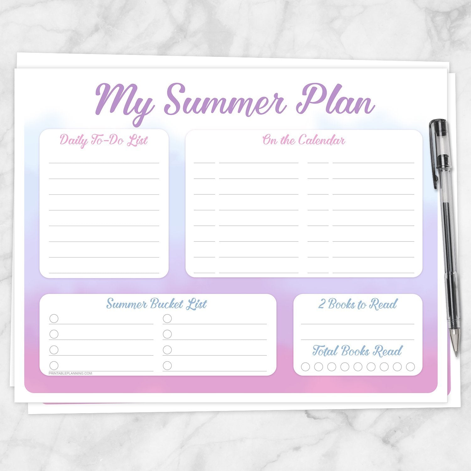 Printable My Summer Plan, Watercolor Planner Page in Pink Purple Blue at Printable Planning