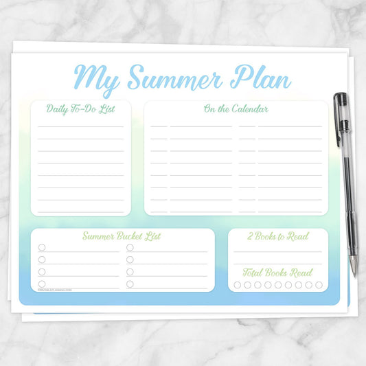 Printable My Summer Plan, Watercolor Planner Page in Blue Green Yellow at Printable Planning