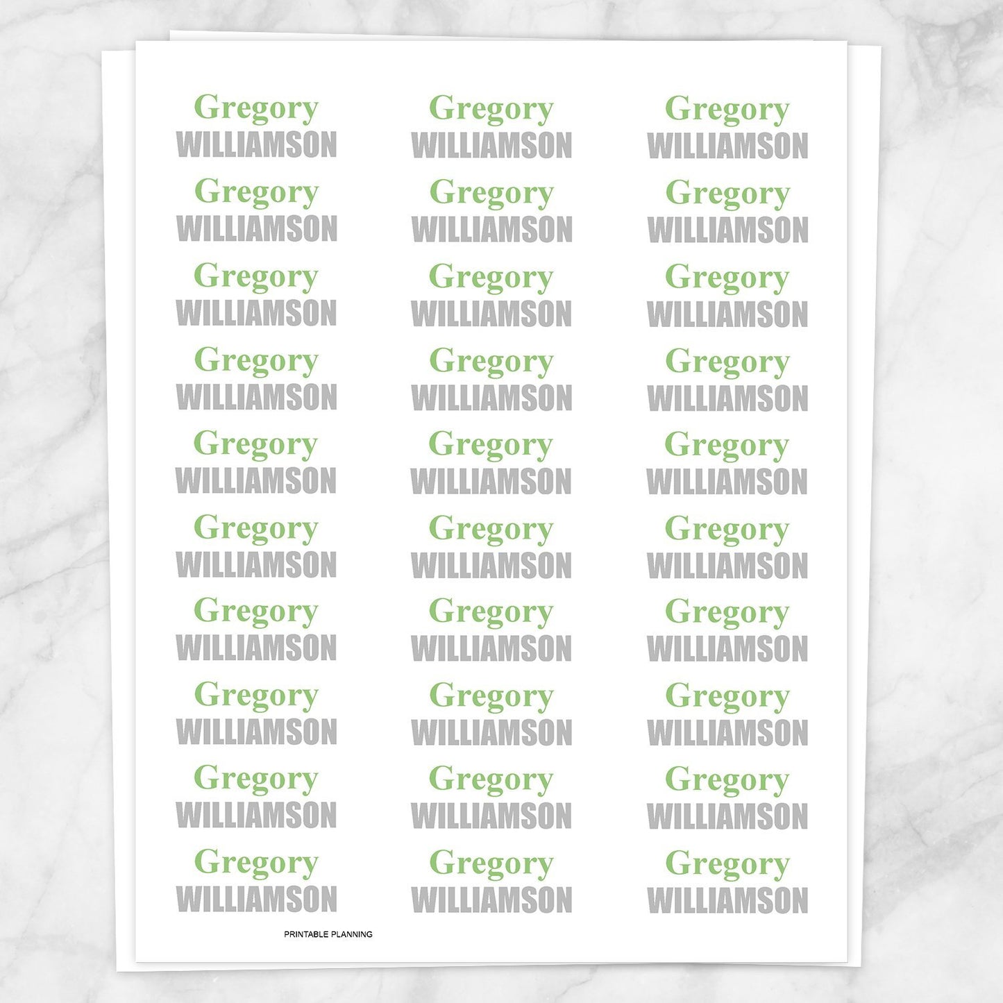 Printable Name Labels Green and Gray for School Supplies at Printable Planning. Sheet of 30 labels.