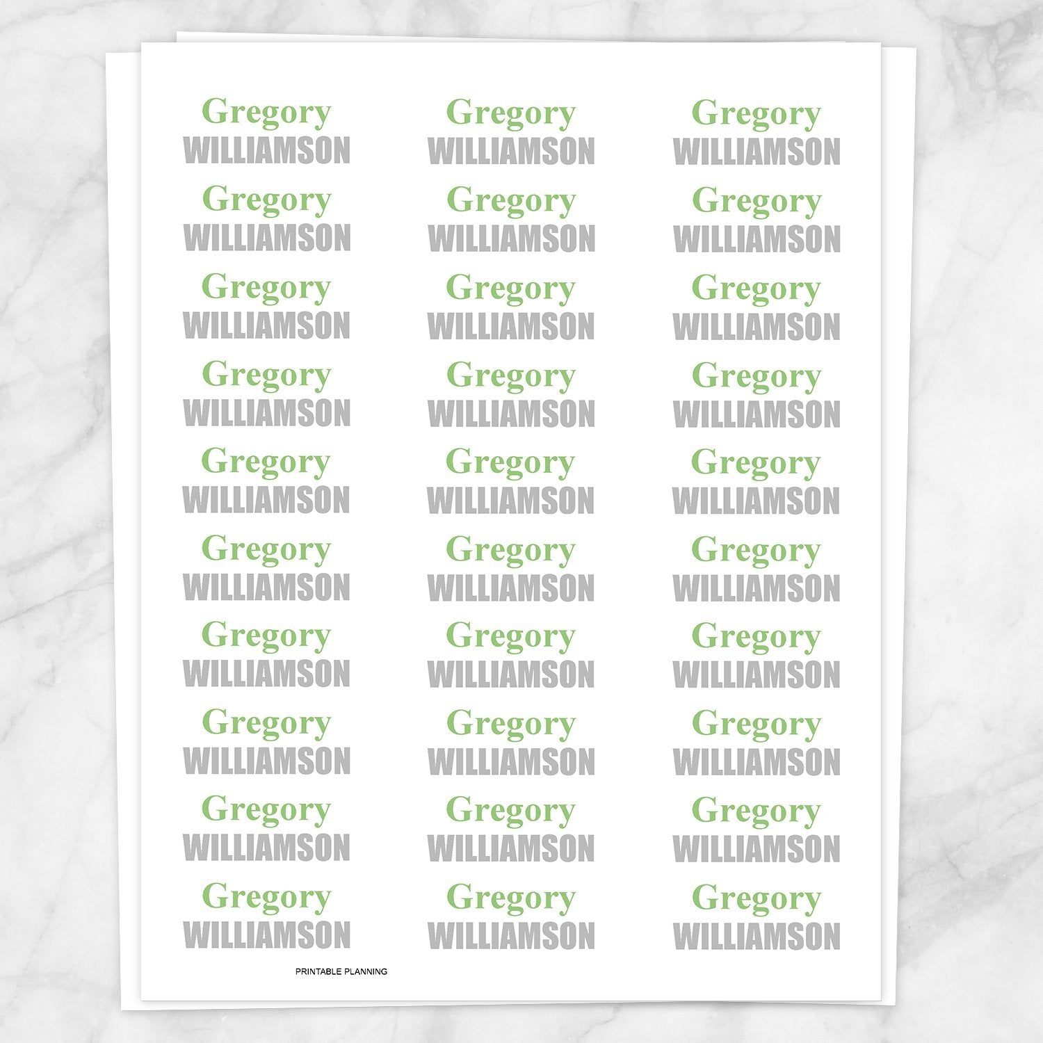 Printable Name Labels Green and Gray for School Supplies at Printable Planning. Sheet of 30 labels.
