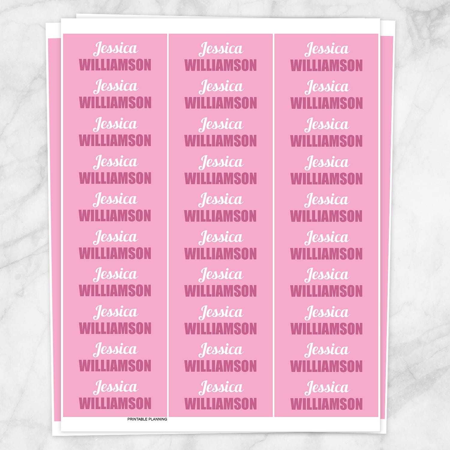 Printable Pink Name Labels for School Supplies at Printable Planning. Sheet of 30 labels.