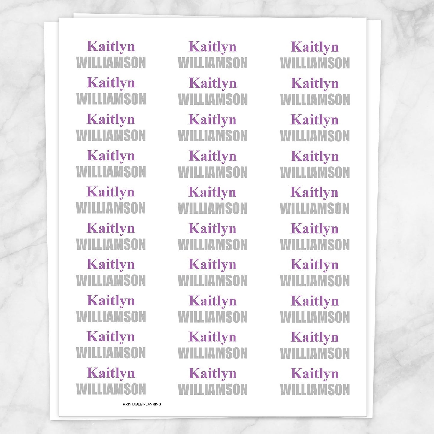 Printable Name Labels Purple and Gray for School Supplies at Printable Planning. Sheet of 30 labels.