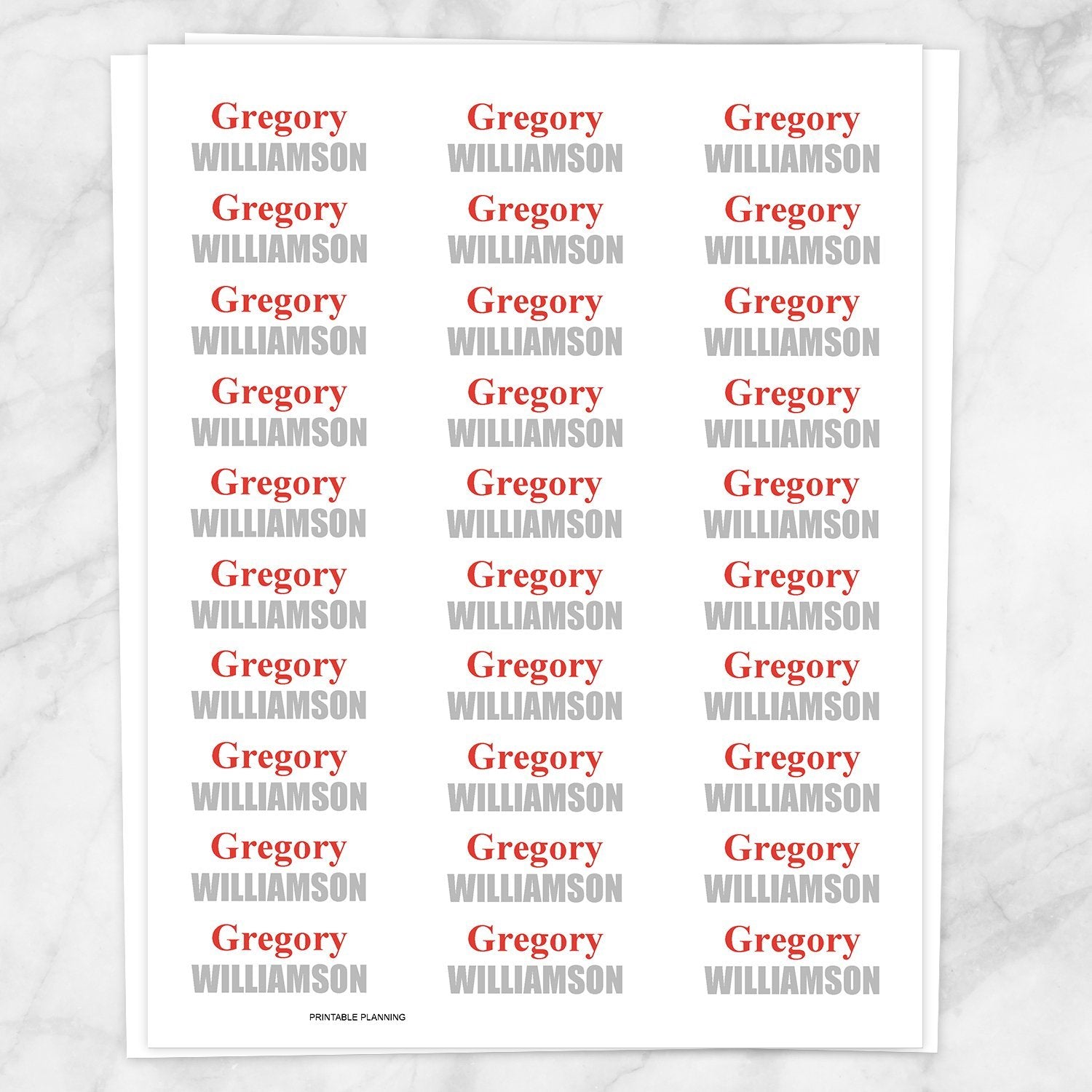Printable Name Labels Red and Gray for School Supplies at Printable Planning. Sheet of 30 labels.