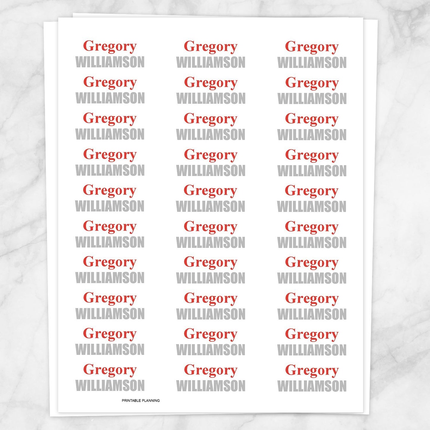 Printable Name Labels in red and gray for School Supplies on White at Printable Planning
