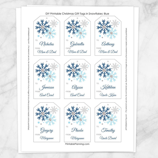 Printable Snowflake Personalized Gift Tags in Blue at Printable Planning