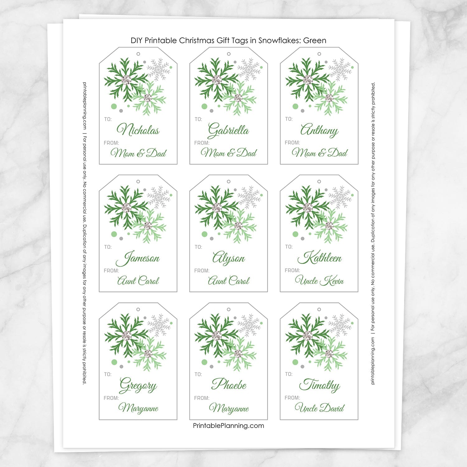 Printable Snowflake Personalized Gift Tags in Green at Printable Planning