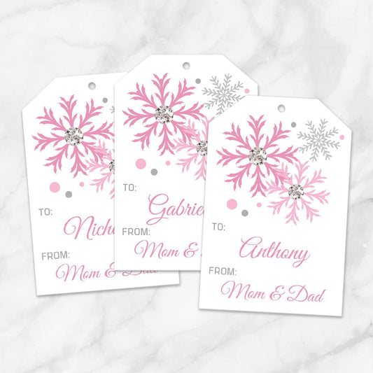 Printable Snowflake Personalized Gift Tags in Pink at Printable Planning