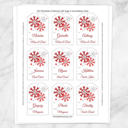 Printable Snowflake Personalized Gift Tags in Red at Printable Planning