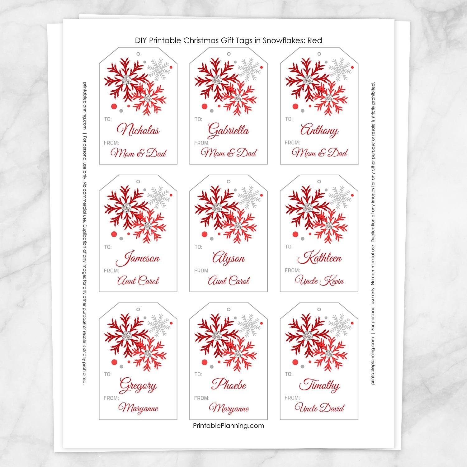 Printable Snowflake Personalized Gift Tags in Red at Printable Planning