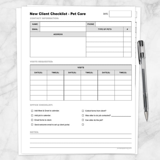 Printable Pet Care - New Client Checklist, Visits List at Printable Planning