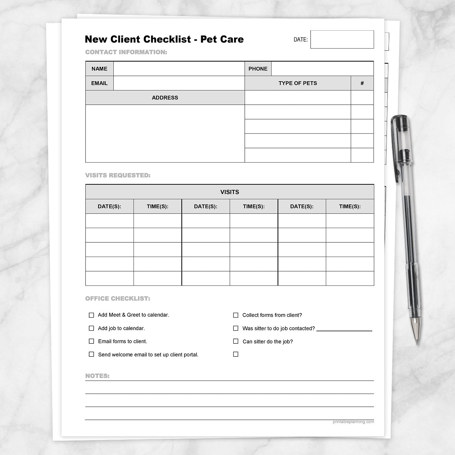 Printable Pet Care - New Client Checklist, Visits List at Printable Planning
