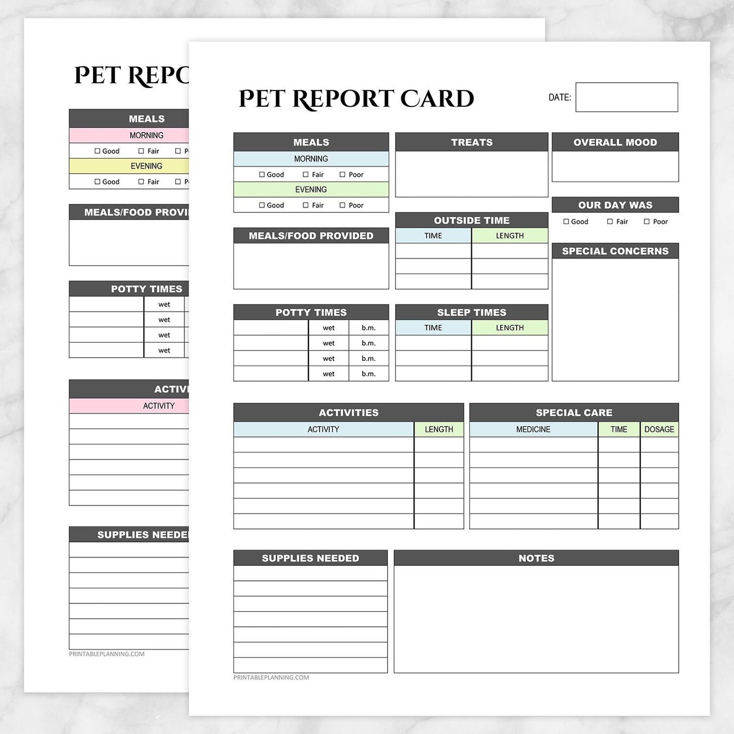 Printable Pet Report Card - Daily Care Sheet - 2 page BUNDLE, at Printable Planning