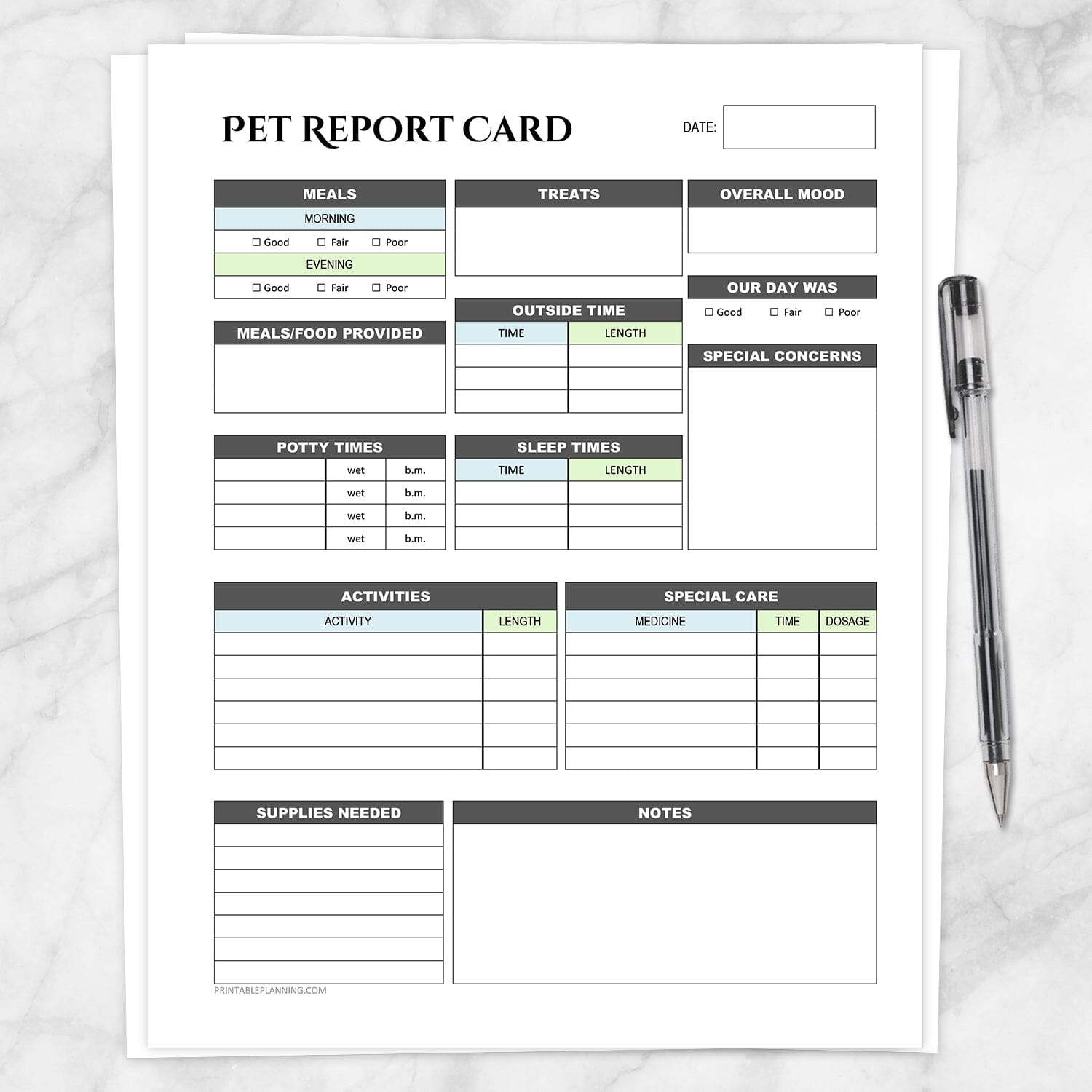 pet-report-card-daily-care-sheet-blue-and-green-printable-at-printable-planning-for-only-5-95 for Free Printable Pet Sitting Forms Pdf Pet Report Card - Daily Care Sheet - Blue and Green - Printable at Printable Planning for only 5.95 for Free Printable Pet Sitting Forms Pdf
