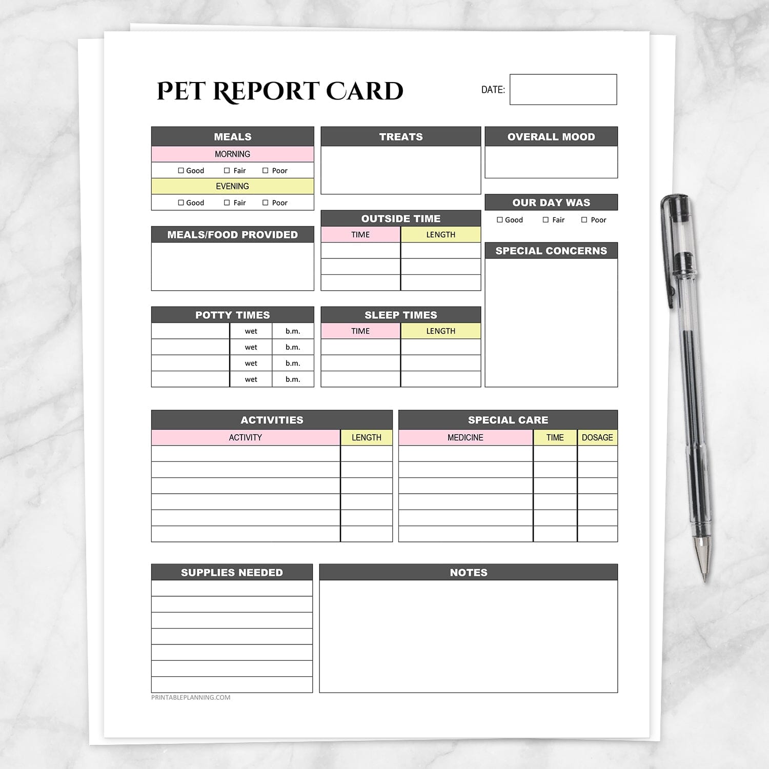 pet-report-card-daily-care-sheet-pink-and-yellow-printable-at-printable-planning-for-only-5-95 for Free Printable Pet Sitting Forms Pet Report Card - Daily Care Sheet - Pink and Yellow - Printable at Printable Planning for only 5.95 for Free Printable Pet Sitting Forms