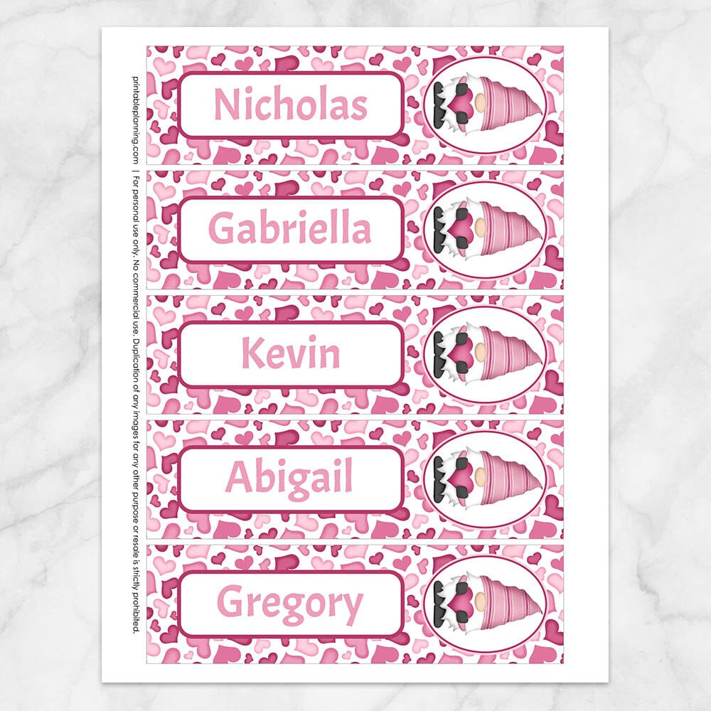 Printable Personalized Pink Gnome Hearts Bookmarks at Printable Planning.
