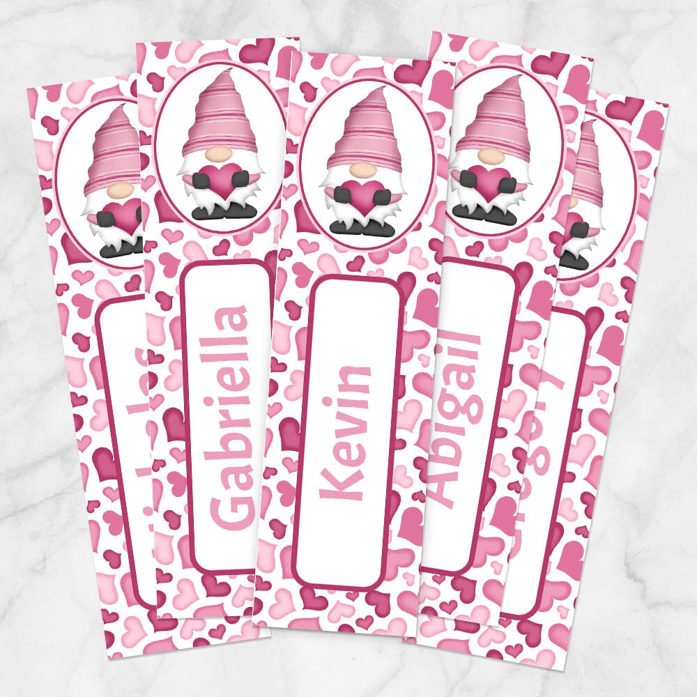 Printable Personalized Pink Gnome Hearts Bookmarks at Printable Planning. Print 5 bookmarks per printed page.
