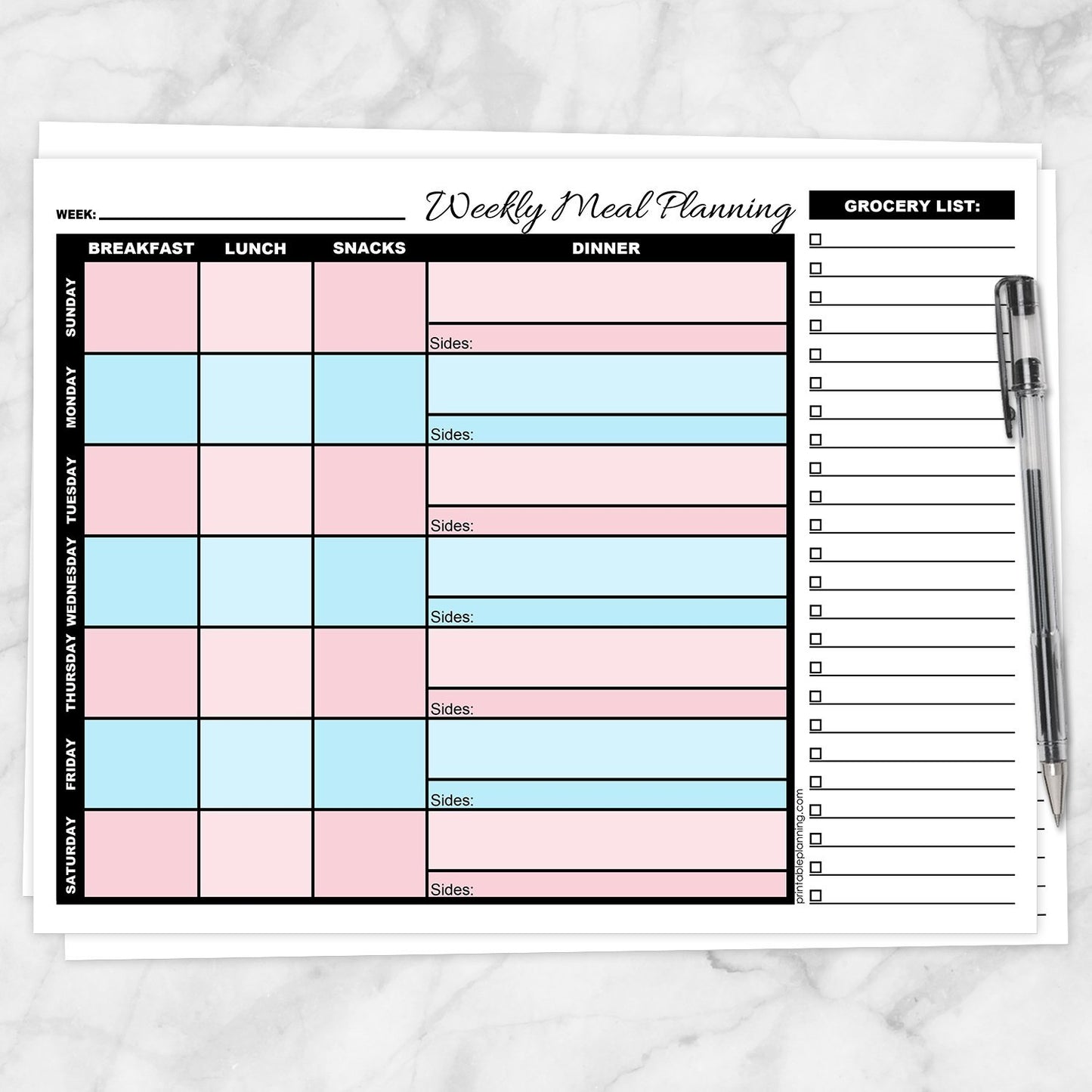 Printable Pink and Blue Weekly Meal Planning Page with Grocery List at Printable Planning